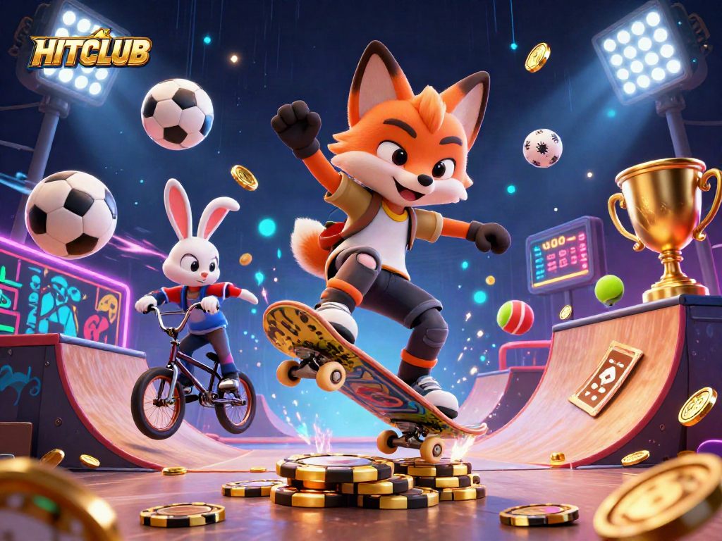 Experience HITCLUB gaming with vibrant 3D characters, casino symbols, and dynamic sports elements.
