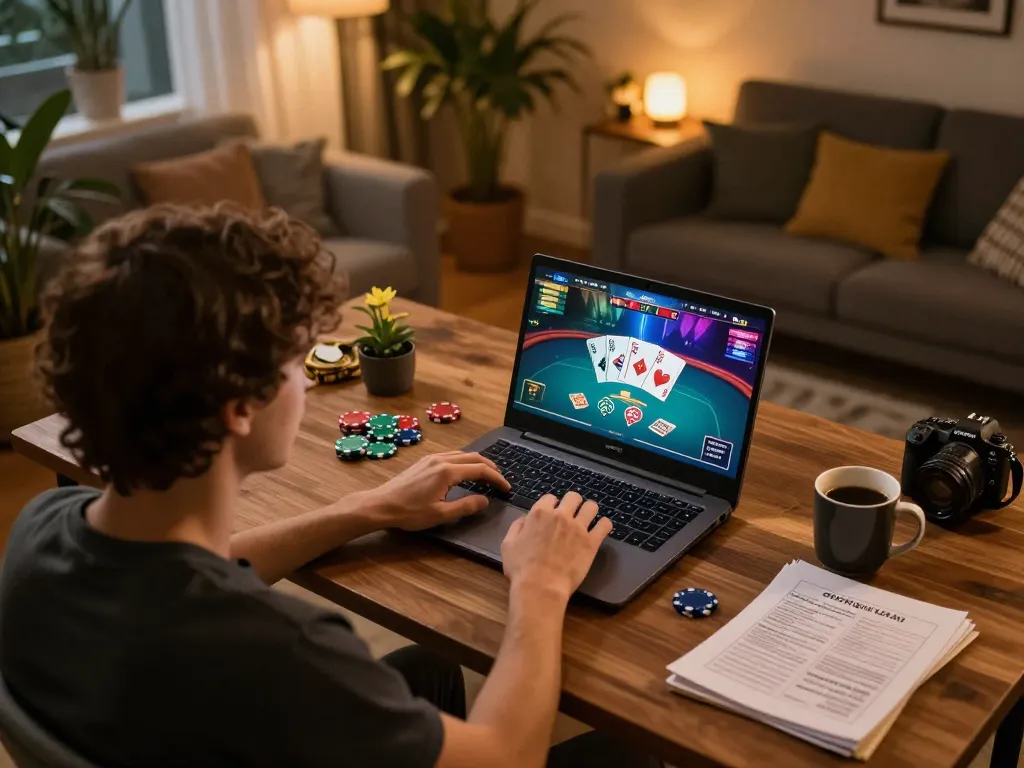 Player engaged in a thrilling Ai88bet poker game on a laptop at home, showcasing responsible gambling.