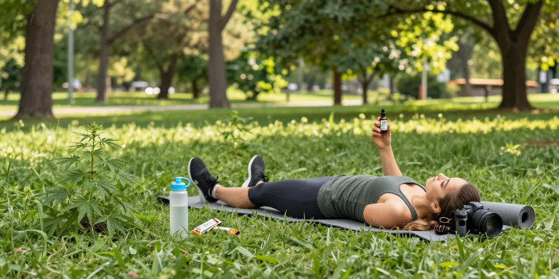 Ministry of Cannabis CBD tincture aiding post-workout recovery in a refreshing outdoor park setting.