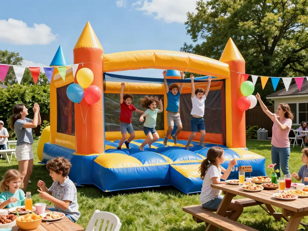 Children having fun in a bounce house at a vibrant outdoor party.