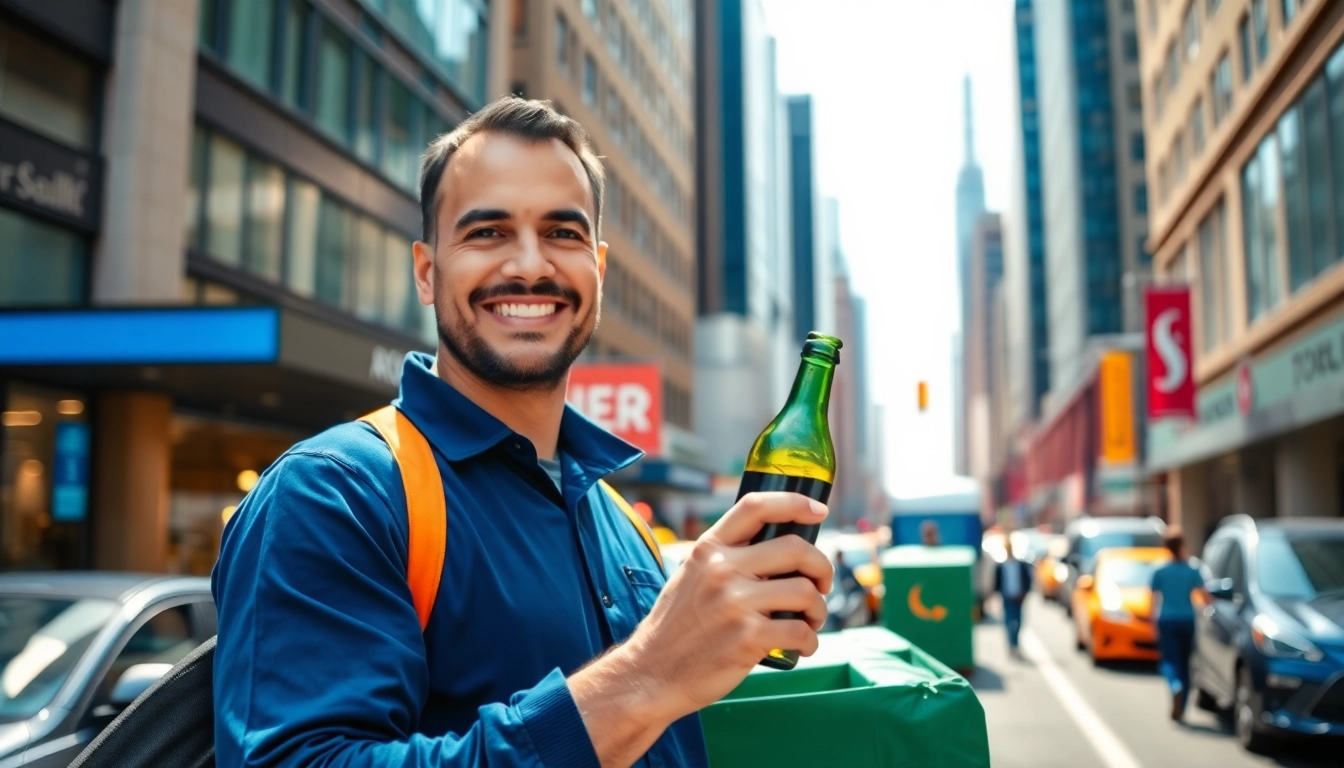 Engaging delivery scene showcasing dial a bottle Toronto with a friendly driver in a vibrant city setting.