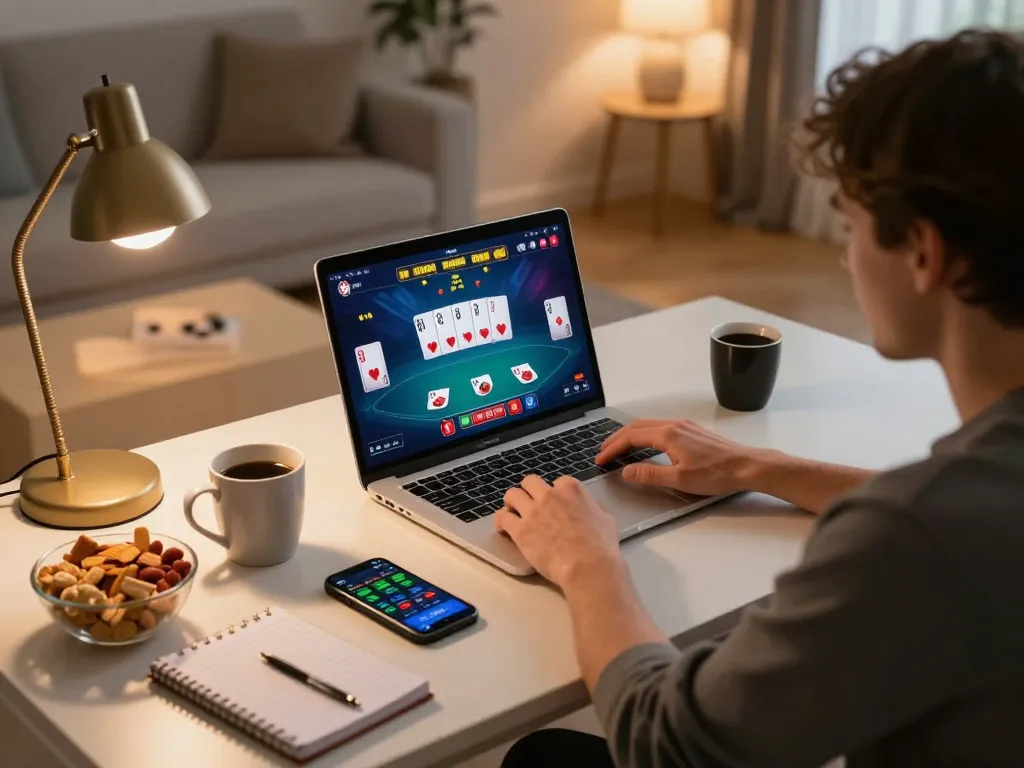 Player enjoying a game of online poker at home with 888b on their laptop and tablet, featuring cozy surroundings.