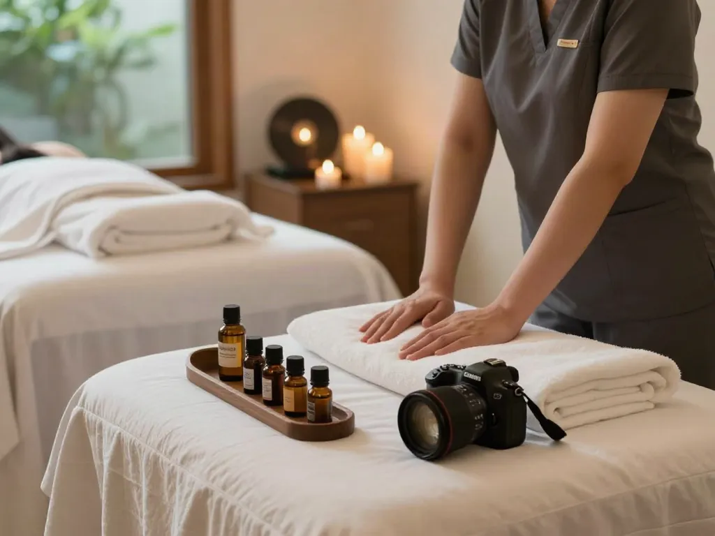 Relaxing setting for 동탄출장마사지 featuring a serene massage therapy environment with calming elements.
