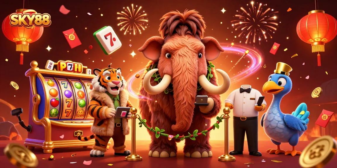 Experience the thrilling atmosphere of SKY88 with colorful slot games and vibrant characters in a festive casino scene.