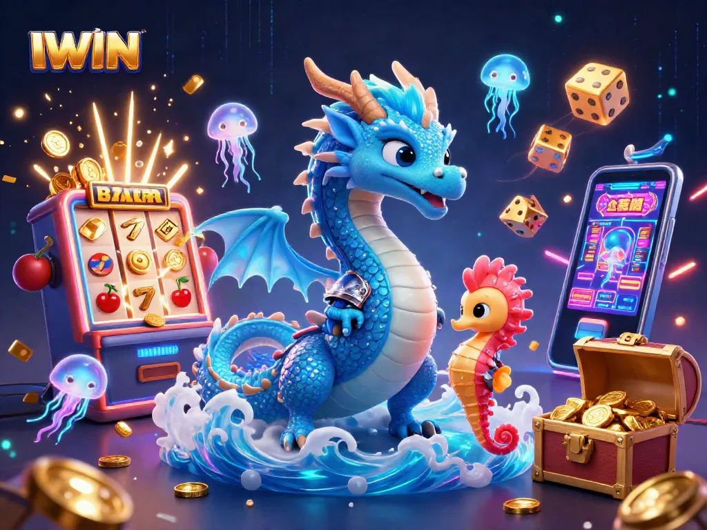 IWIN slots jackpot scene with a dragon, seahorse knight, and treasure bursting from a slot machine.