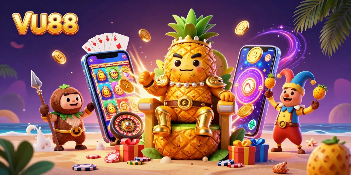 Engage in thrilling gameplay at VU88, surrounded by lively casino characters and festive elements.