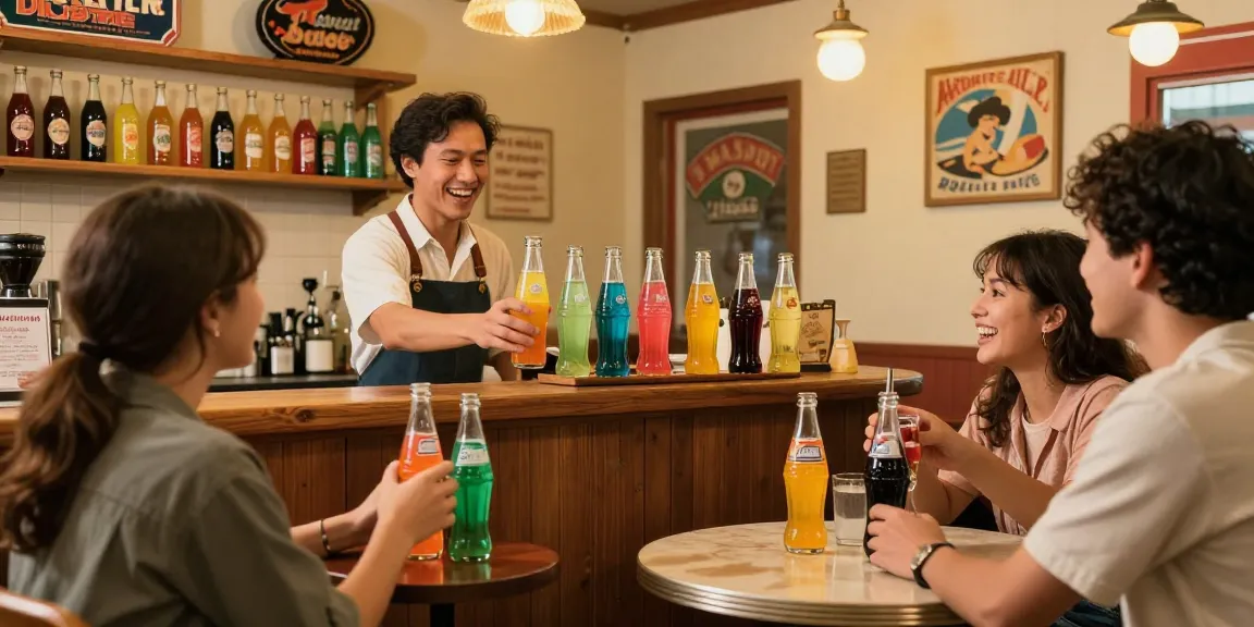 Vintage soda shop with colorful bottles and happy customers enjoying their drinks
