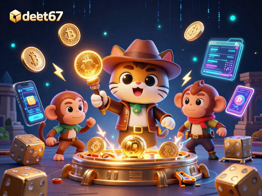 Immerse yourself in debet67 with a cartoon archaeologist cat and monkey uncovering golden casino treasures amidst vibrant casino elements.