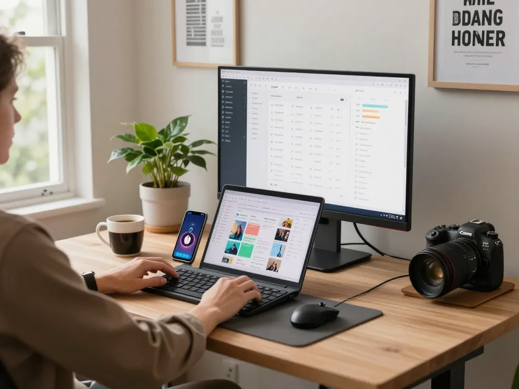 Person using tech gadgets for productivity in a modern home office setting with natural light.