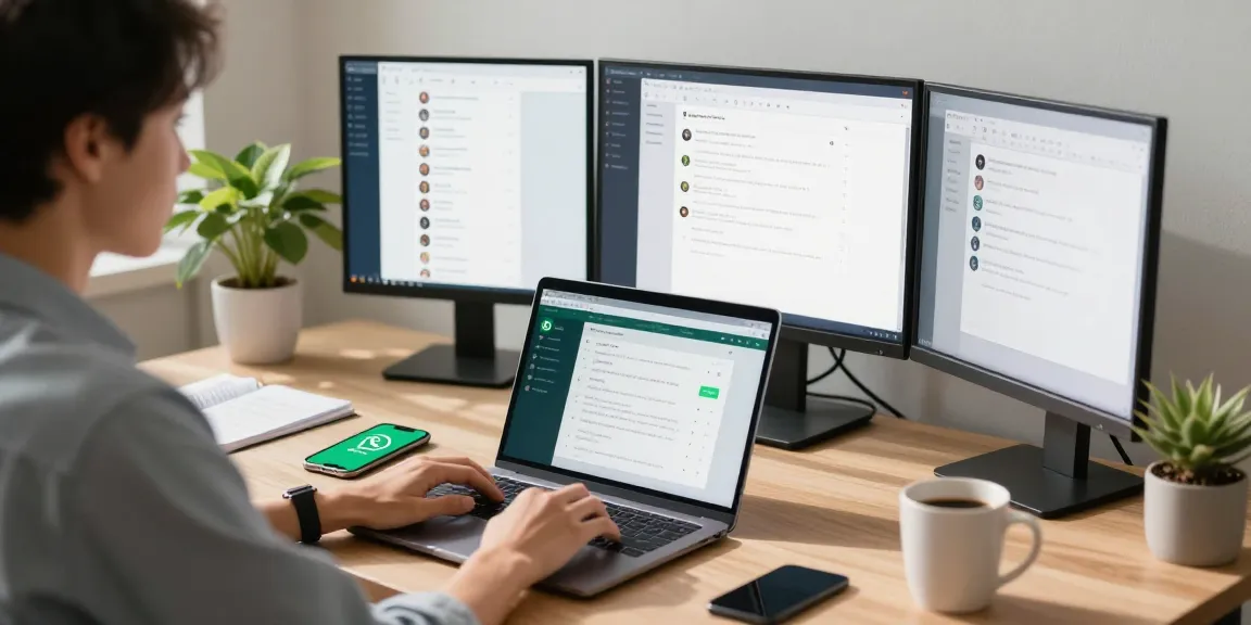 Engaged user utilizing WhatsApp網頁版 on laptop in a bright modern home office.