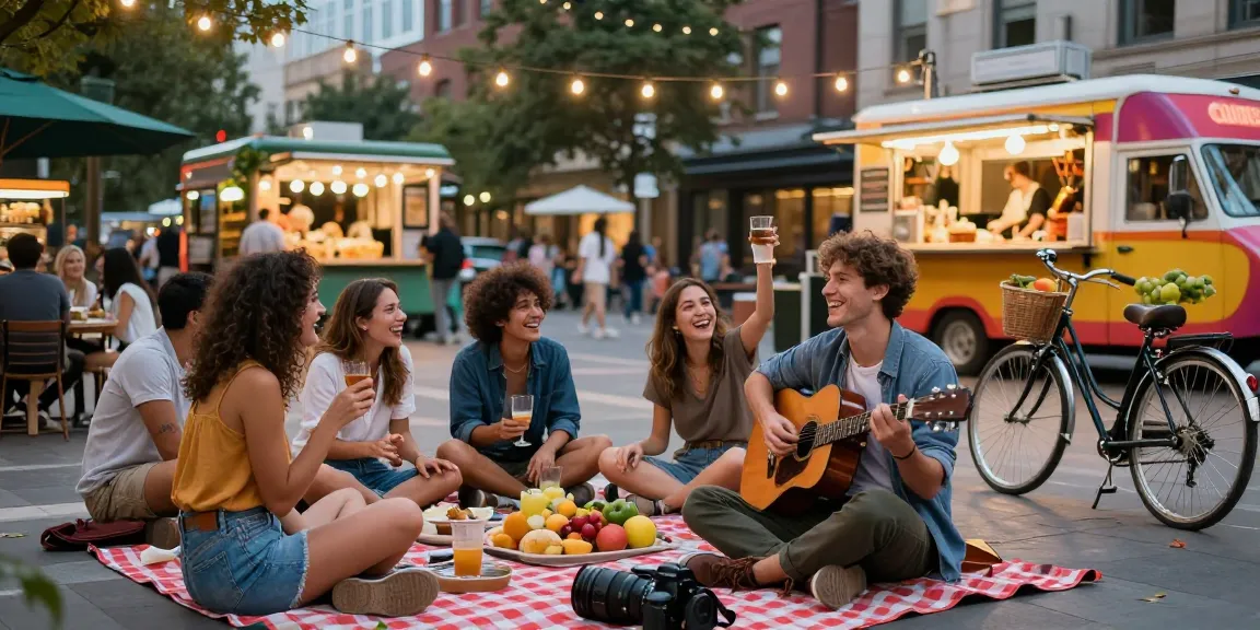 Social gathering in urban plaza with friends enjoying rokok88, vibrant food trucks and music creating a lively atmosphere.