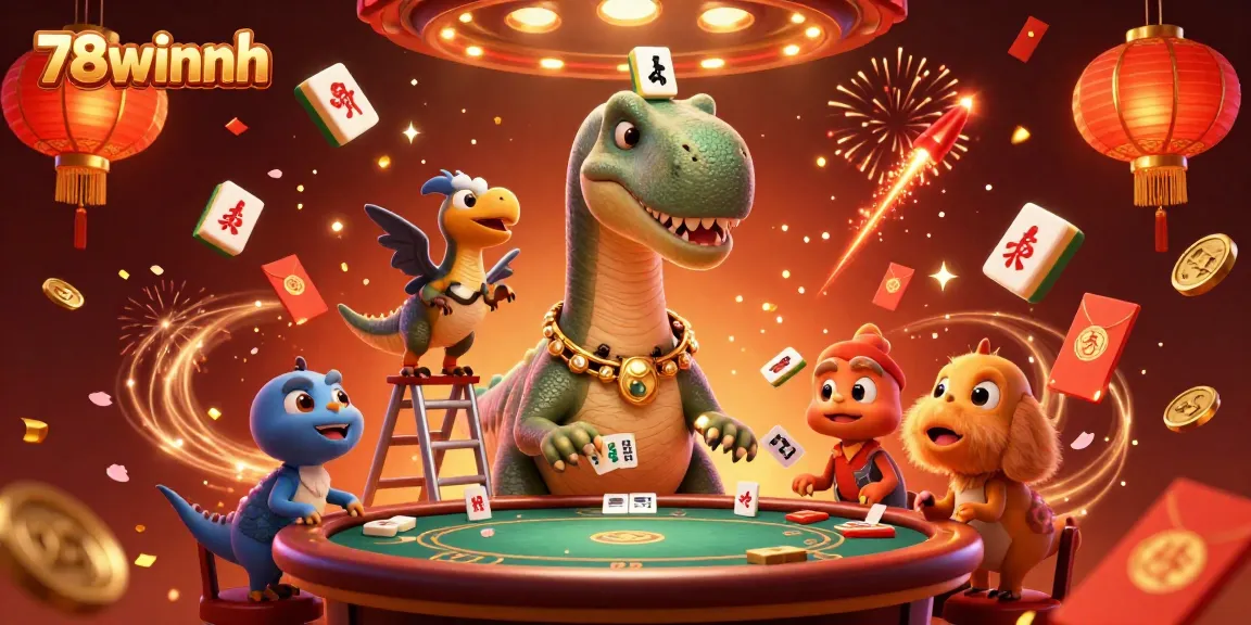 Experience 78winnh with a thrilling brontosaurus and raptor dealing cards in a vibrant casino.