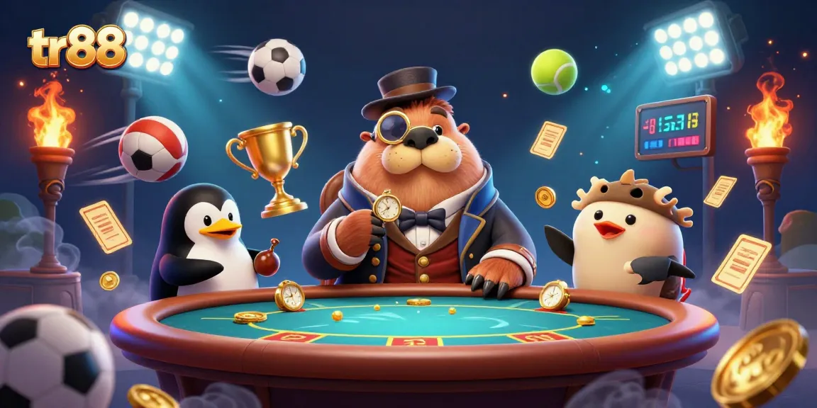 tr88 enhances the gaming experience with a dynamic underwater poker scene featuring a walrus and penguin dealer.