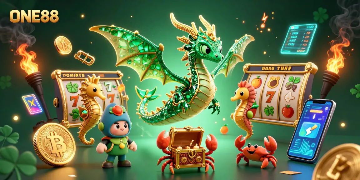 ONE88 showcases a vibrant casino scene with a dragon and sea creatures among slot reels.