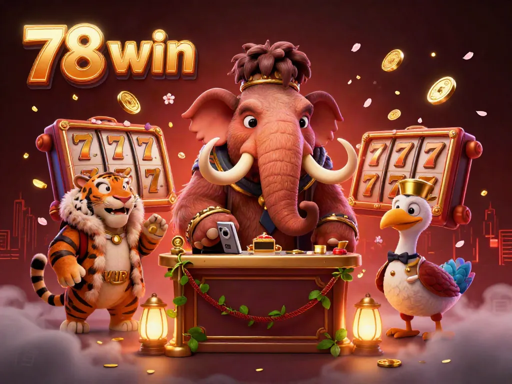 Join the vibrant world of 78 win with a cartoon woolly mammoth checking IDs at a casino entrance, amidst slot reels and golden coins.