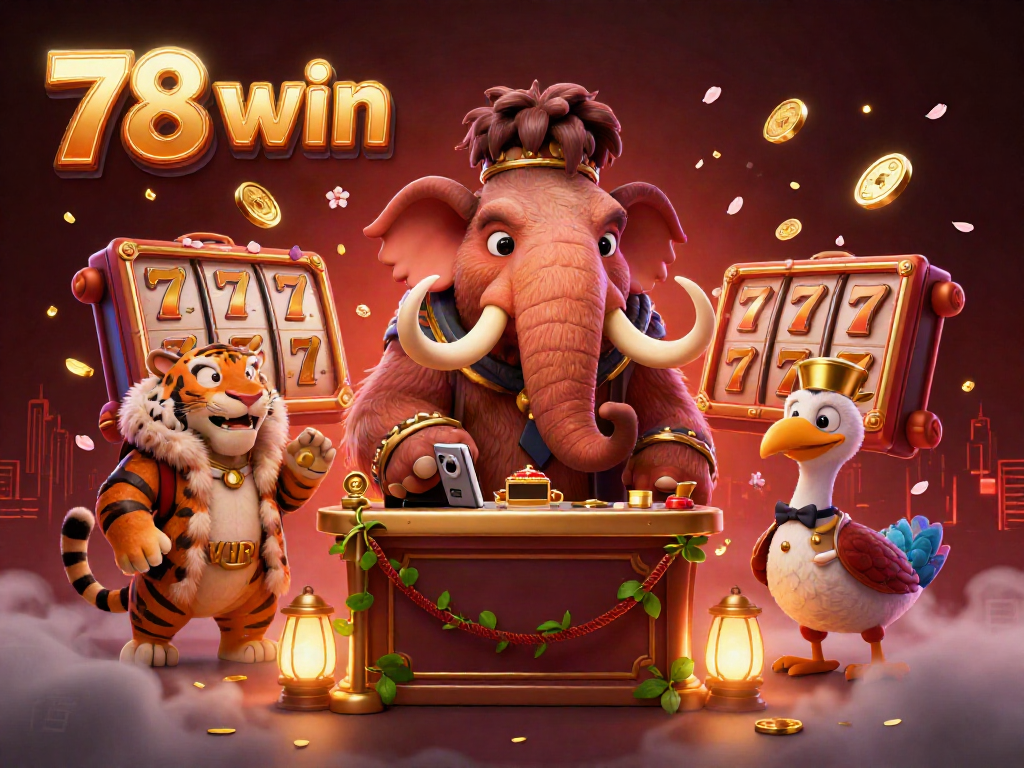 Join the vibrant world of 78 win with a cartoon woolly mammoth checking IDs at a casino entrance, amidst slot reels and golden coins.