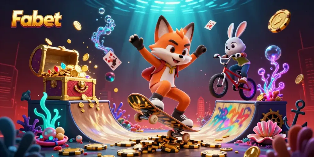 Fabet showcases exciting online casino action with a skateboarder fox and BMX rabbit in a colorful setting.
