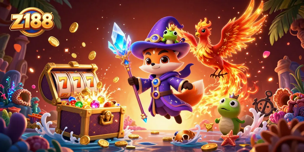 Experience the vibrant world of z188 with a wizard fox, phoenix, and treasures in a dynamic casino scene.