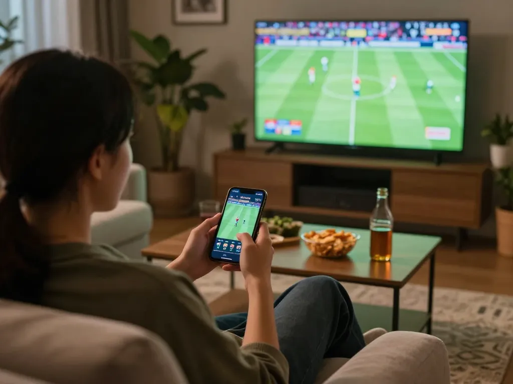 Engaged sports betting experience with nowgoal on smartphone in comfy home setting.