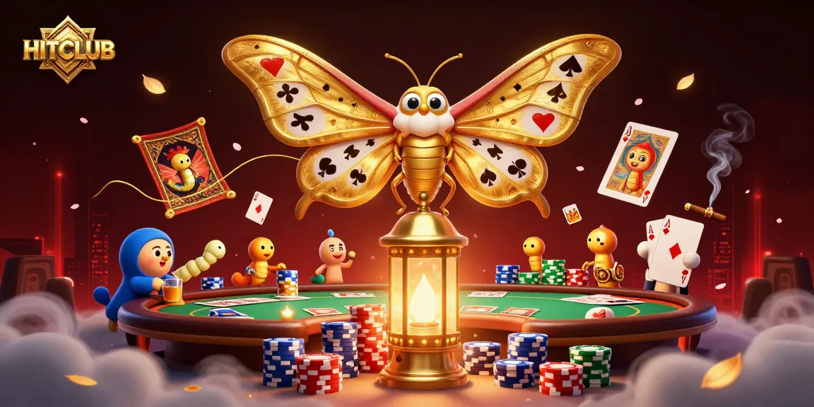 Engage with the HITCLUB casino scene featuring a majestic moth and vibrant poker elements.