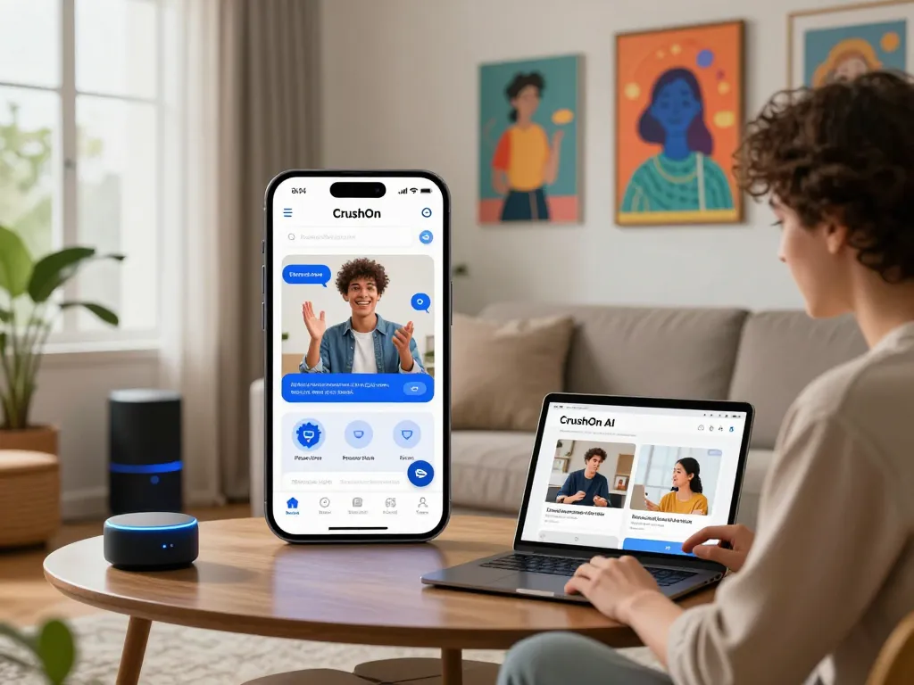 User enjoying CrushOnAI virtual chat on smartphone and tablet in a vibrant living space.