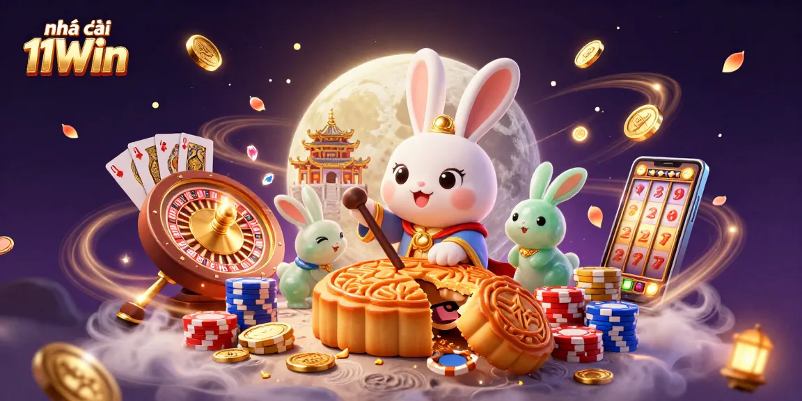 Experience the excitement of Nhà cái 11Win with a magical moon rabbit scene revealing poker chips and casino elements.
