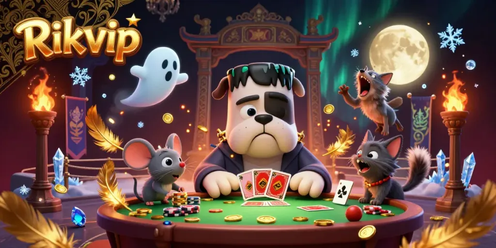 Experience thrilling action at Rikvip with a spooky casino scene featuring a bulldog dealer and ghost mouse.