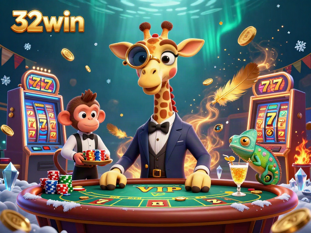Engage in the magical world of 32win as a high-roller giraffe enjoys poker night with a monkey valet and chameleon bartender.