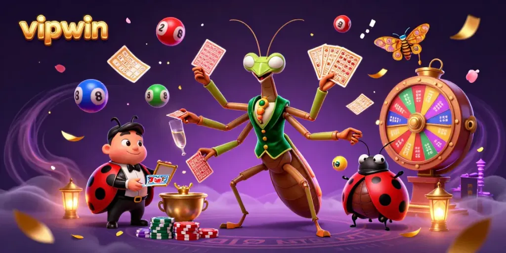 Engage with vipwin's vibrant casino atmosphere featuring a giant mantis dealer and a ladybug pit boss.