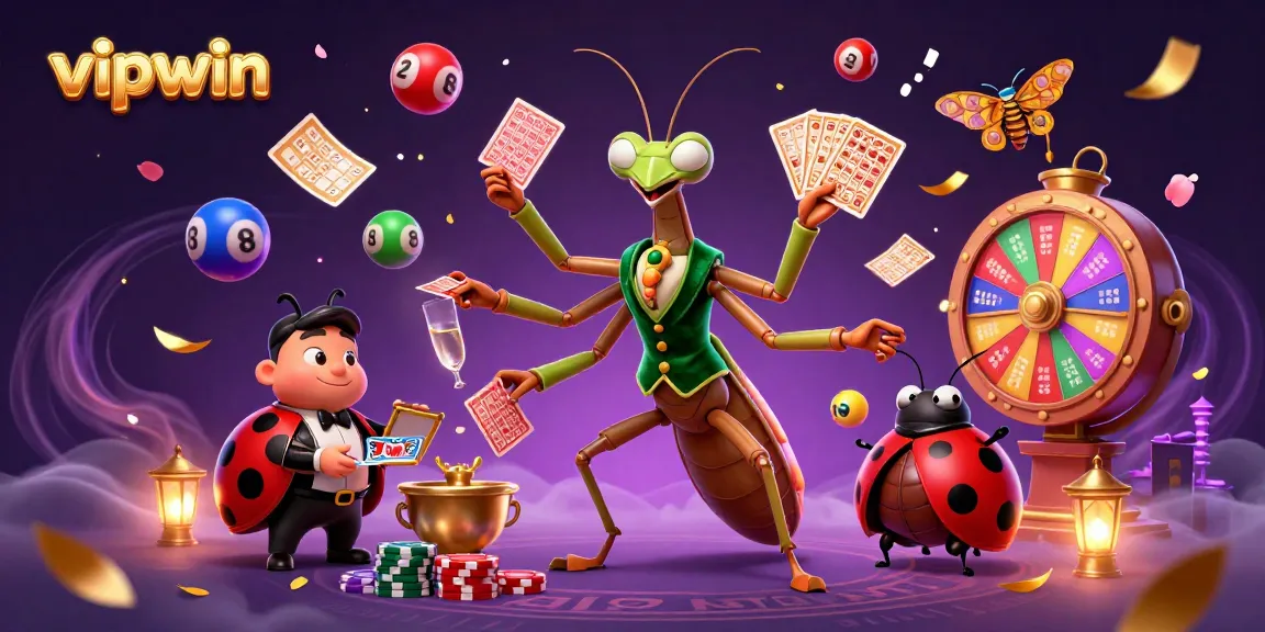 Engage with vipwin's vibrant casino atmosphere featuring a giant mantis dealer and a ladybug pit boss.