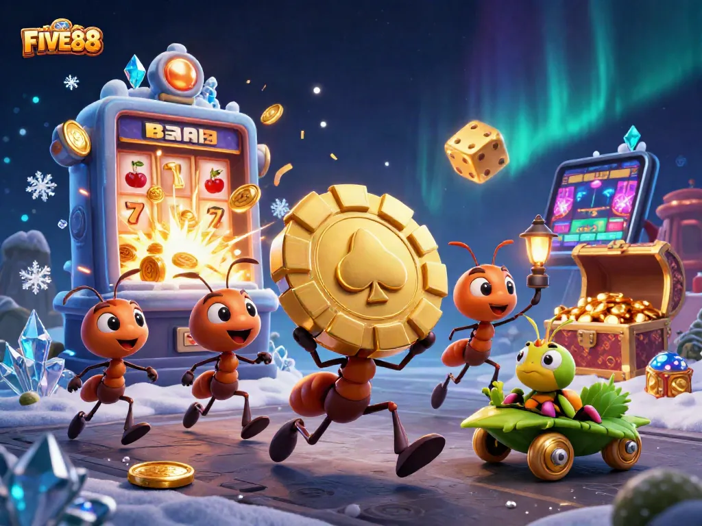 Engage with FIVE88's thrilling casino atmosphere featuring whimsical characters and a vibrant jackpot.