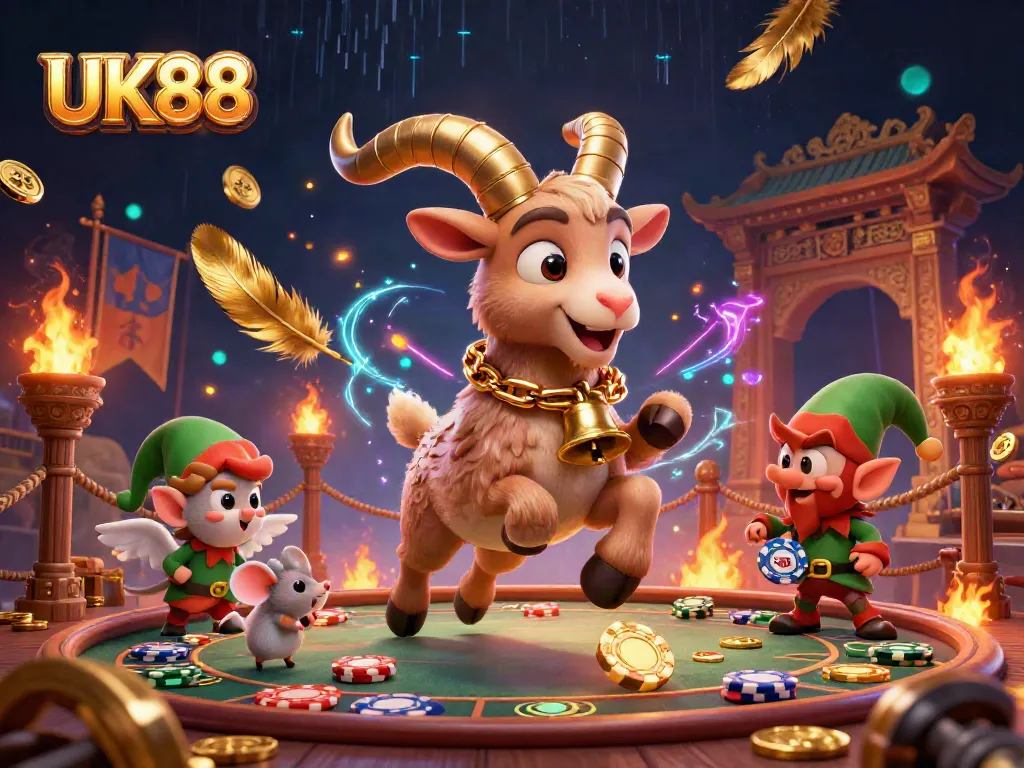 UK88 casino scene featuring Krampus goat, angel mouse, and elf gremlins amid vibrant gaming elements.