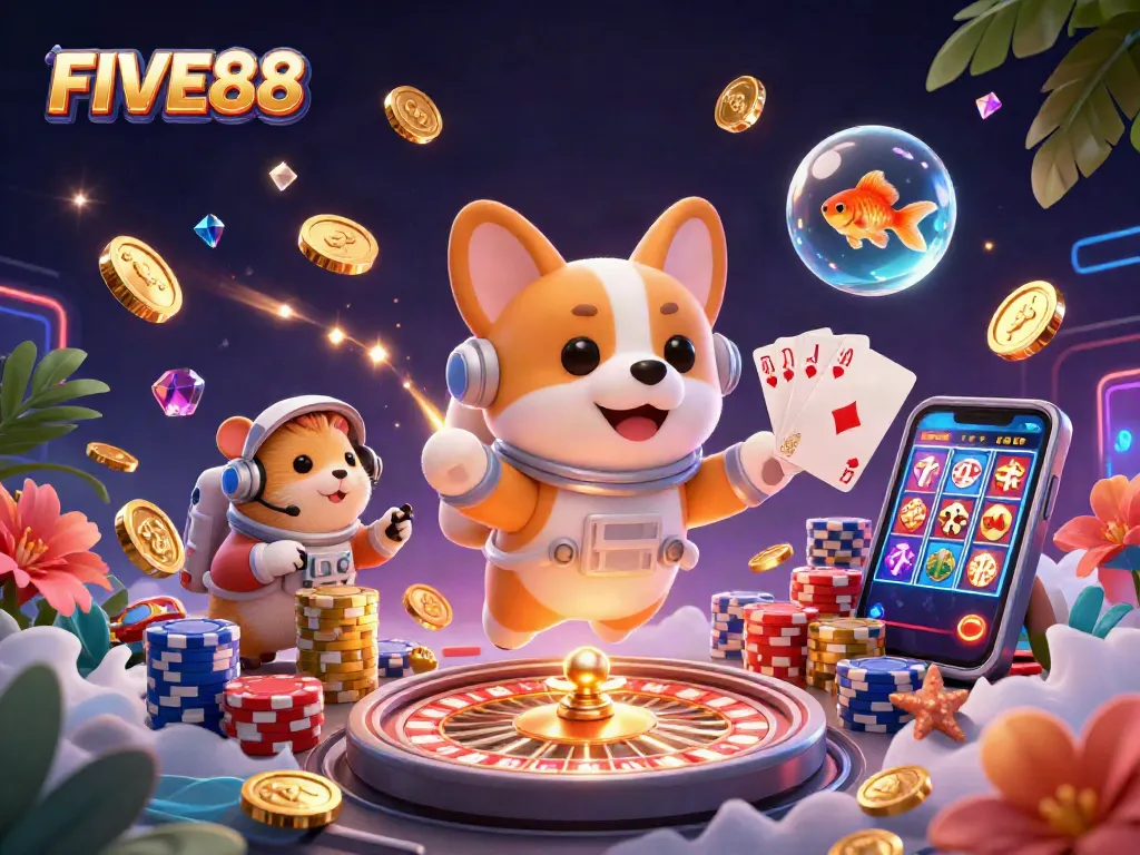 Experience excitement in FIVE88's dynamic casino scene with an astronaut corgi and friends.