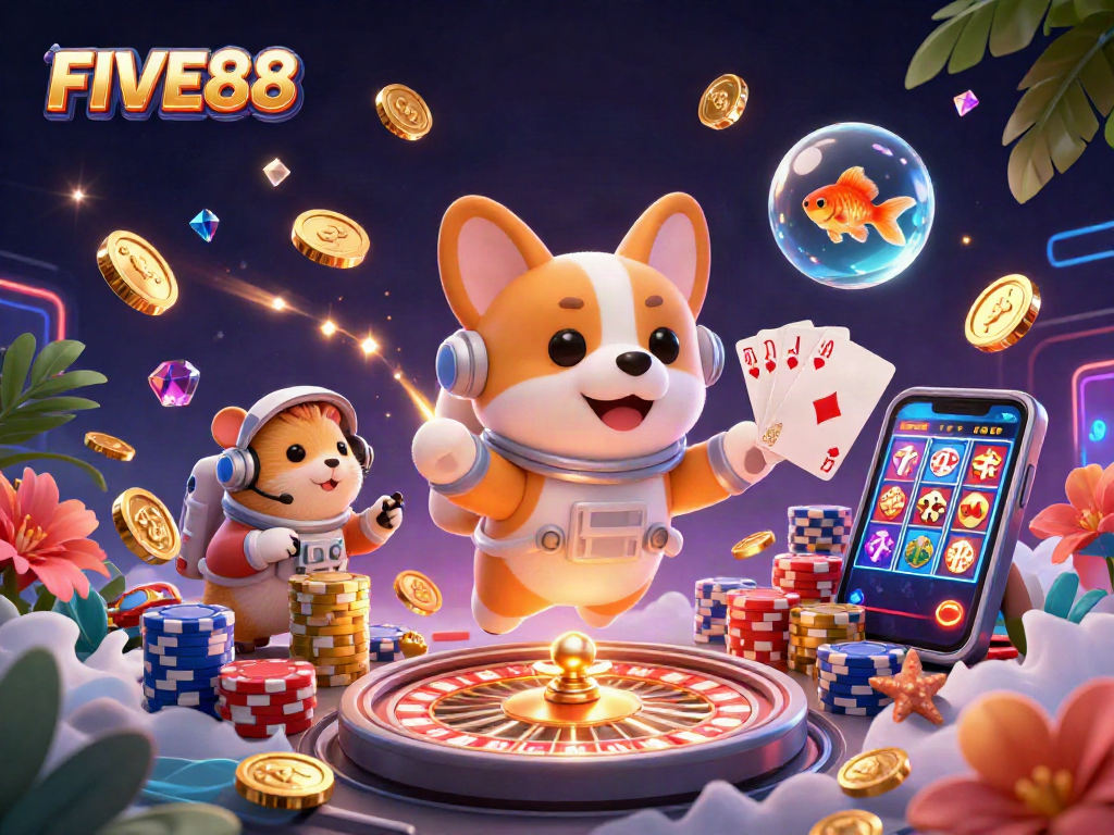Experience excitement in FIVE88's dynamic casino scene with an astronaut corgi and friends.