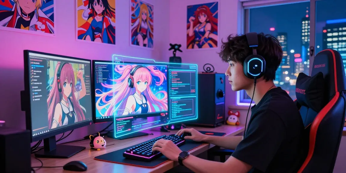 Engaging in ai ecchi chat with characters in a vibrant digital realm, featuring neon lights and immersive gaming setup.
