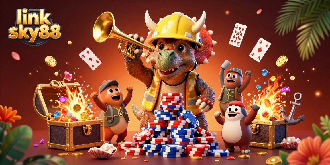 Engage with the thrilling link sky88 gaming experience as colorful characters celebrate wins in a vibrant casino scene.