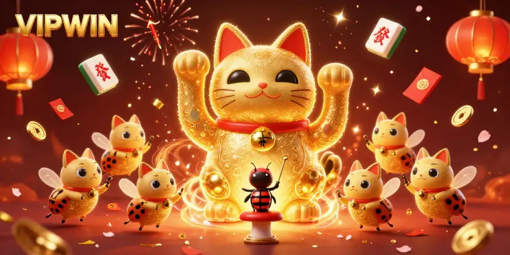 VIPWIN showcases a colorful 3D illustration of a lucky cat, fireflies, and casino symbols celebrating fortune.
