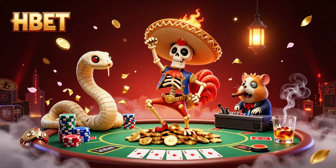 Experience HBET excitement with a 3D illustration showing vivid casino action featuring a victorious mariachi rooster on gold coins.