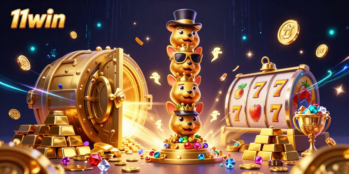 Engage with 11win's vibrant treasure-filled casino scene featuring dynamic slot elements and glowing effects.