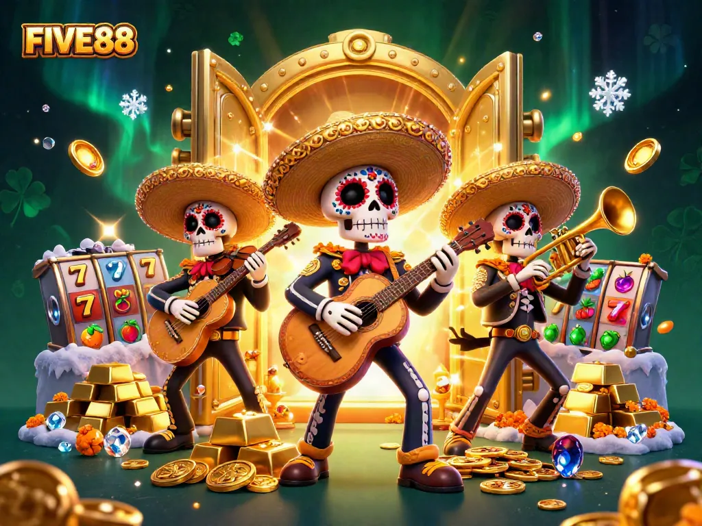Experience the excitement of FIVE88 with a vibrant 3D illustration capturing casino elements and spirited mariachi performers.