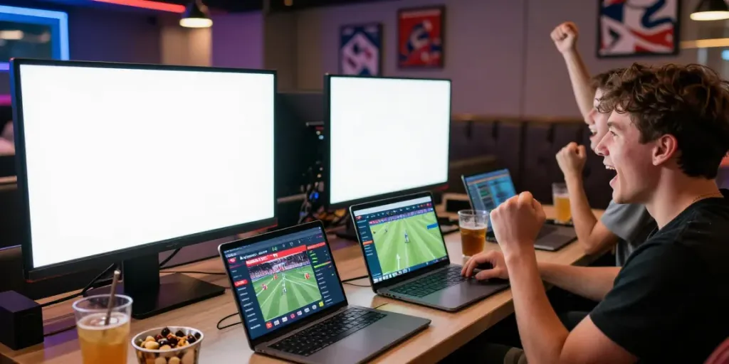 Fans engaging with Streek Sportsbook Canada in a lively sports lounge.