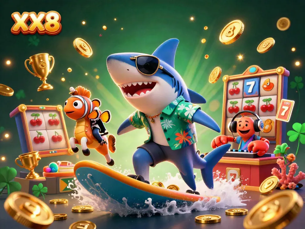 Engage with a thrilling XX8 casino scene featuring a shark and clownfish amidst dynamic slot elements.
