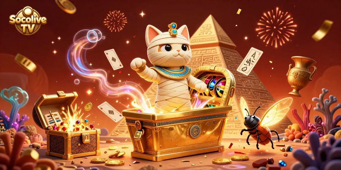 Socolive TV showcases an Egyptian mummy cat in a pyramid casino bursting with colors and excitement.