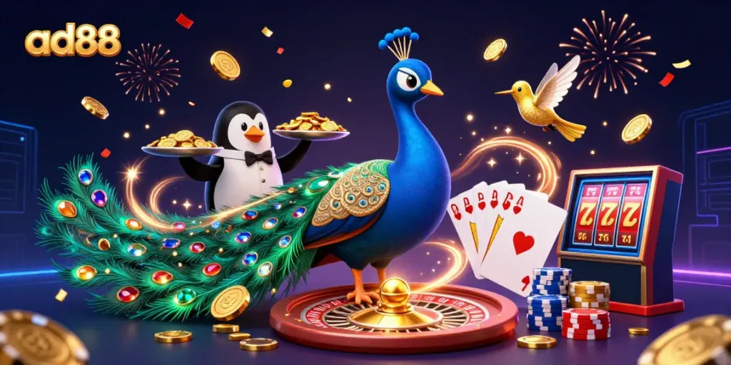 Win big with ad88 as the elegant peacock displays casino excitement with golden coins and vibrant game elements.