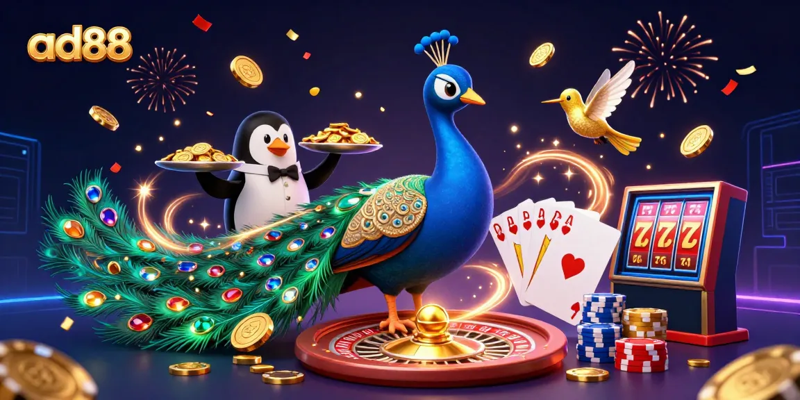 Win big with ad88 as the elegant peacock displays casino excitement with golden coins and vibrant game elements.