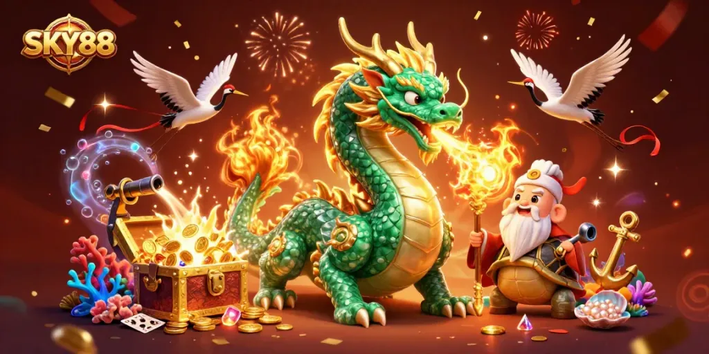Experience excitement with SKY88 as the jade dragon breathes fire, surrounded by casino elements.