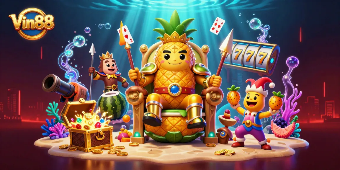 Experience winning strategies at Vin88 with vibrant casino-themed 3D art featuring slot reels and fun characters.