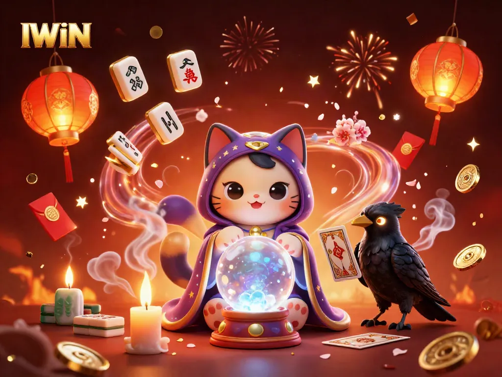 Experience IWIN with a mystical fortune teller, tarot raven, and floating mahjong tiles in vibrant casino art.