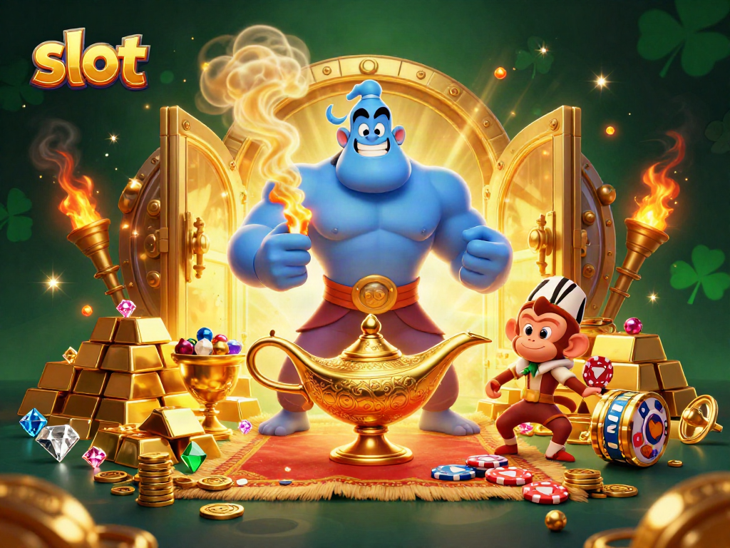 Engage with slots in a captivating 3D casino scene featuring a muscular genie and treasures.