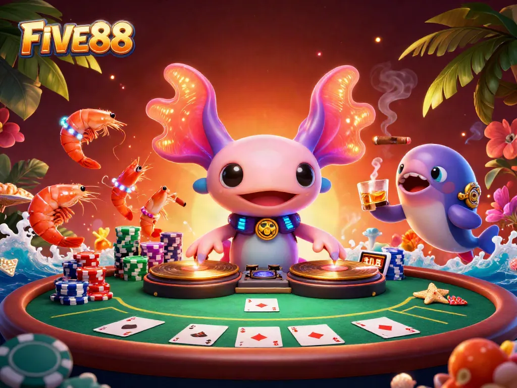 Engage in thrilling poker action with the vibrant FIVE88 casino illustration featuring dynamic aquatic characters.